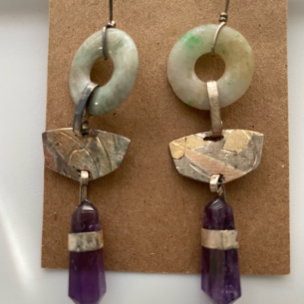 Handcrafted Green Jade & Purple Amethyst Drop Earrings